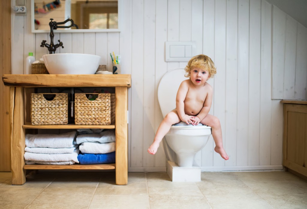 Toddler using a toilet with a child seat reducer — elimination communication and early potty learning